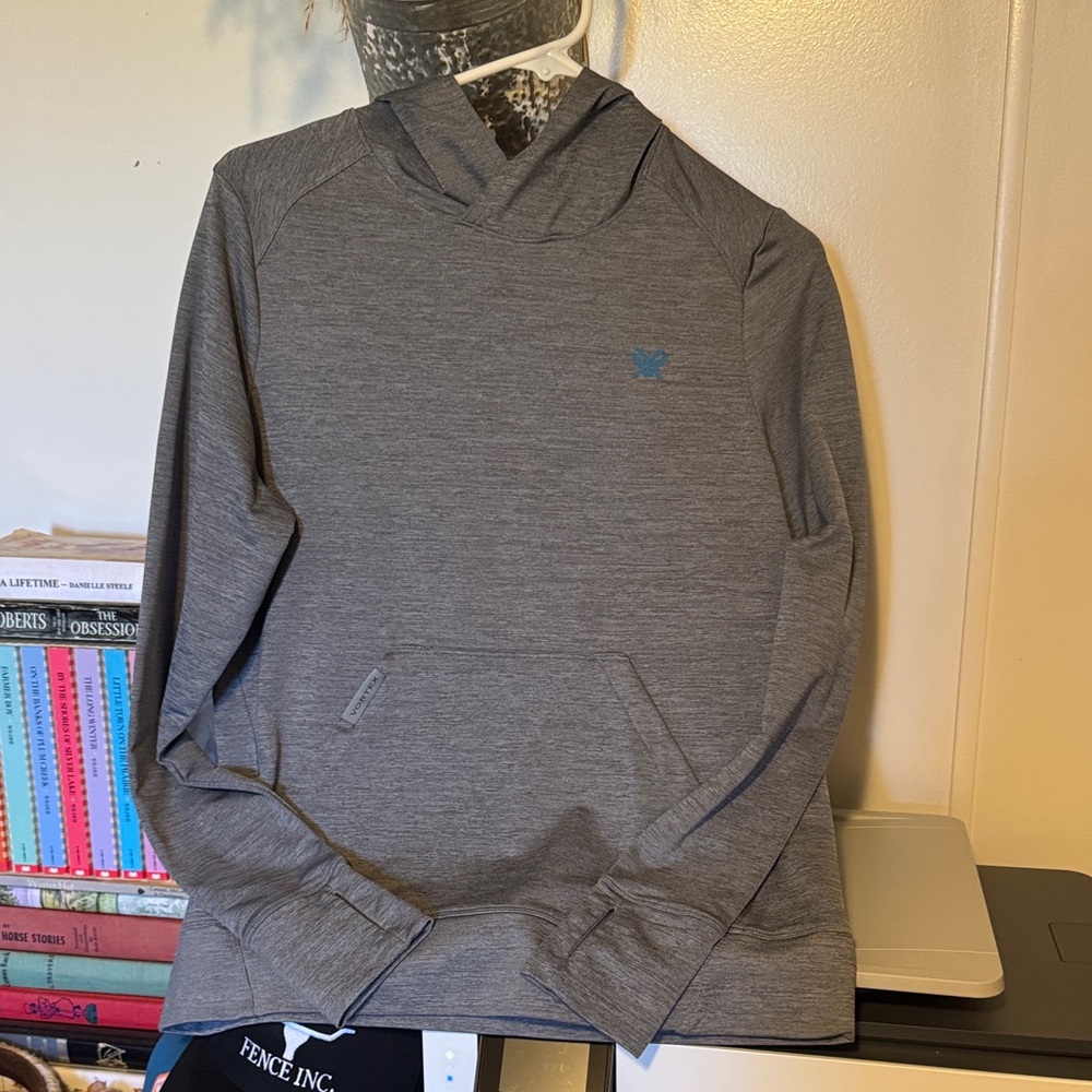 Gray Hooded Long Sleeve with Blue Logo